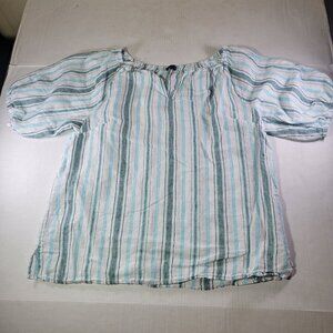 Talbots Women White & Blue Striped Casual Linen Short Puff Sleeve Blouse Size M